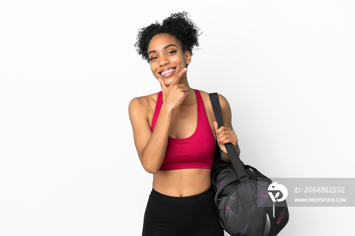 Young sport african american woman with sport bag isolated on blue background happy and smiling