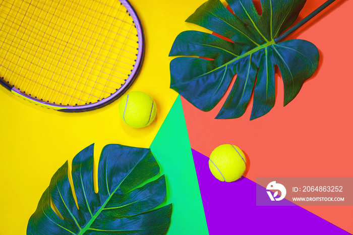 Tennis layout with tennis balls, racket and tropical monstera leaves on abstract different multicolo