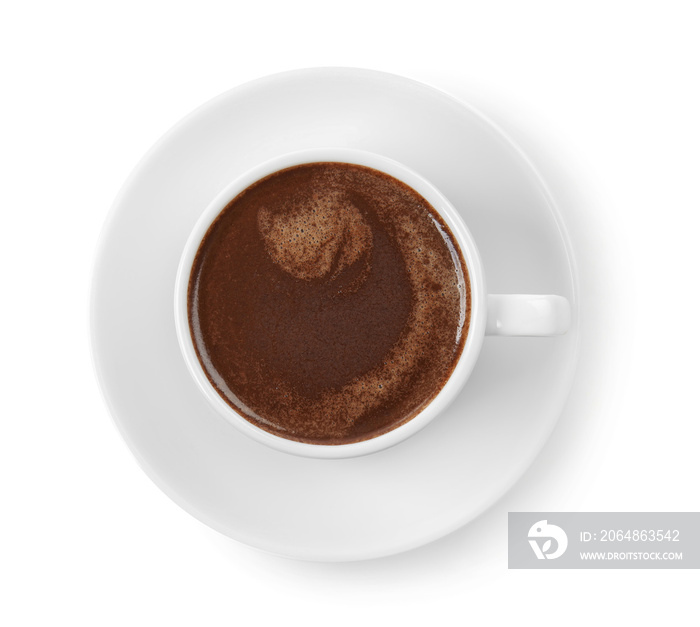 Cup of hot chocolate on white background