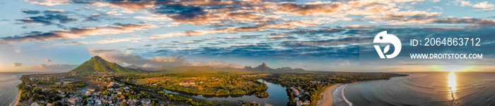 Amazing panoramic aerial view of Mauritius at sunset