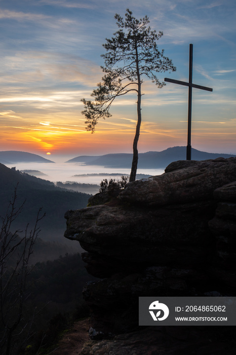 Four castles view, Rötzenfels, a sandstone rock with a cross and a tree. Sunrise in the fog, Palatin
