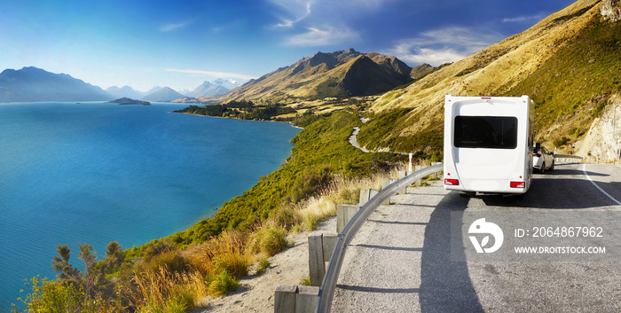 RV travel scenic road in mountains along lake Wakatipu New Zealand