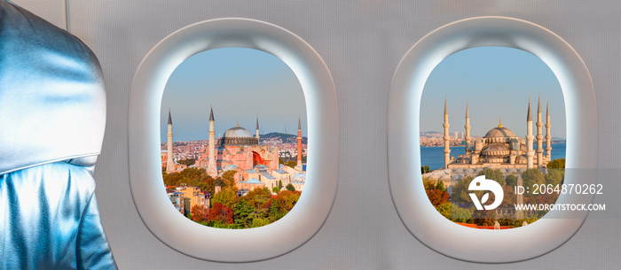 通过飞机窗户看到的伊斯坦布尔城市-蓝色莫斯奎（苏丹），索菲亚大教堂-