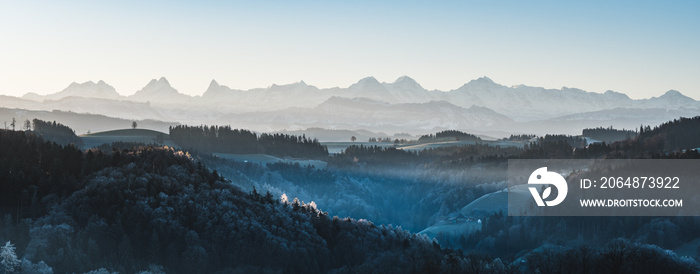 Panorma of the Bernese Alps with Wetterhorn, Schreckhorn, Finsteraarhorn, Eiger, Mönch and Jungfrau 