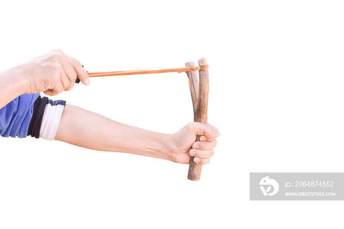 Hand holding aiming Slingshot, Isolated on white background with clipping path.