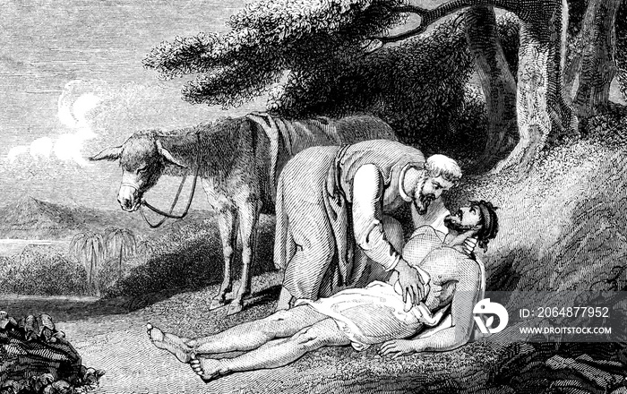 An engraved vintage illustration image of  the parable of the Good Samaritan, from a Victorian book 
