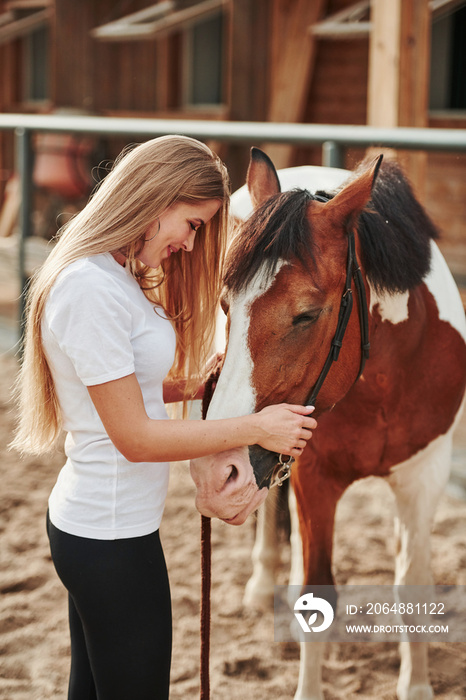 照顾动物。快乐的女人白天和她的马在牧场上