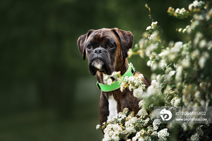 german boxer dog posing next to a bush in summer