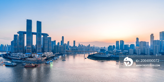 Scenery of high-rise buildings along Chaotianmen in Chongqing, China and Chongqing Grand Theater