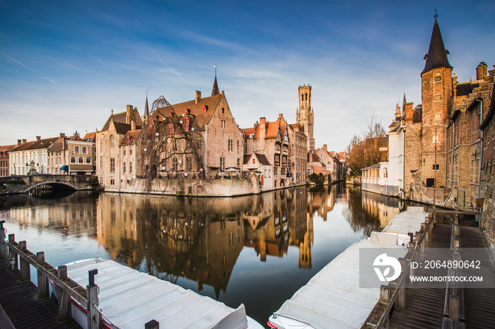 Scenery with water canal in Bruges,  Venice of the North , cityscape of Flanders, Belgium.
