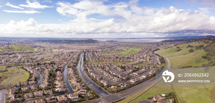 180 Degree aerial panorama of Folsom, California and Folsom Lake