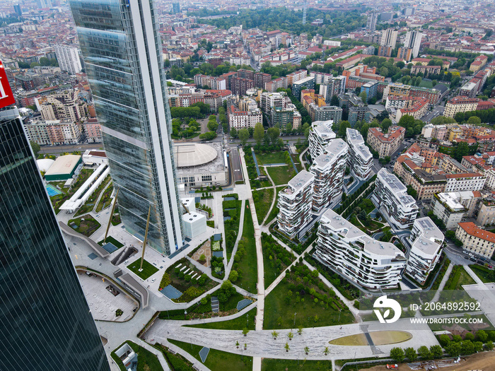 Aerial view of City Life Milano, Three Towers, bird view of  Il Dritto ,  Lo Storto  e  Il Curvo . D