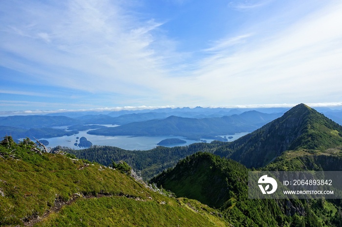 A beautiful view of the scenic ocean and forested mountains from on the top of mount raymond, on the