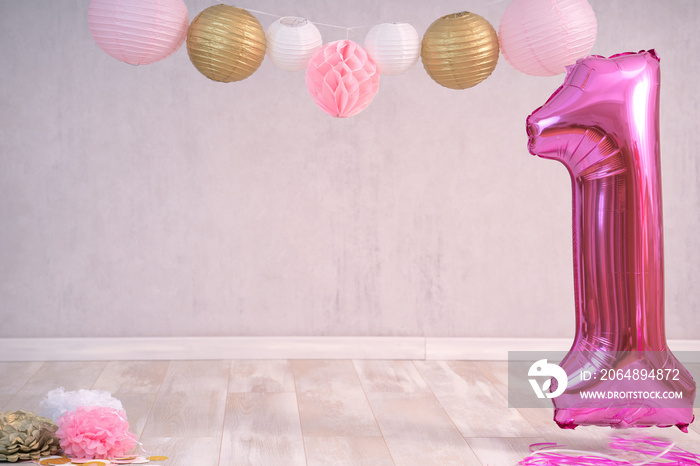 Digitaler Hintergrund für Cake smash erster Geburstag rosa, weiß, gold und pink mit Lampions und gro