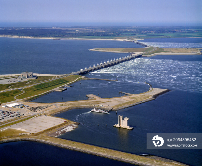 Deltawerken, Holland, May 27  - 1990: Historical aerial photo of the Deltawerken, Holland