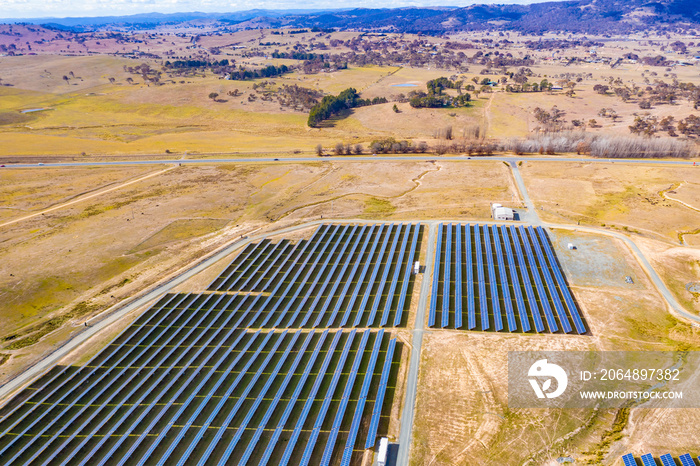 Aerial view of a large solar farm for renewable energy supply in Canberra, Australia