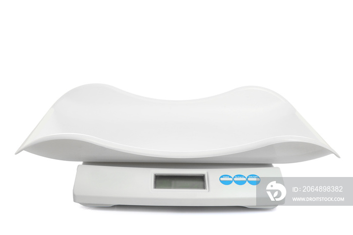 Digital baby scales on white background