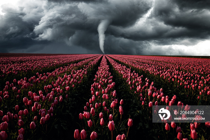 Tornado wütet über ein Tulpenfeld, Landschaft