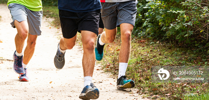 Legs of three runners running on a trail in a park