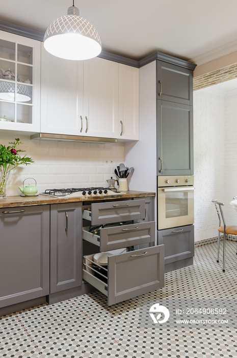 modern grey and white wooden kitchen interior