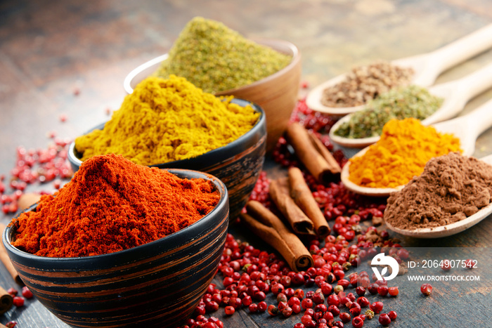 Variety of spices on kitchen table