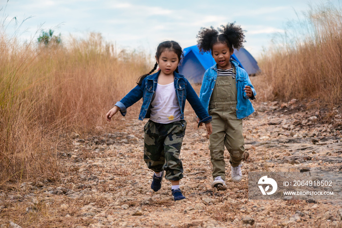 亚裔和非裔美国女孩的多样性孩子在大自然中一起散步和玩耍