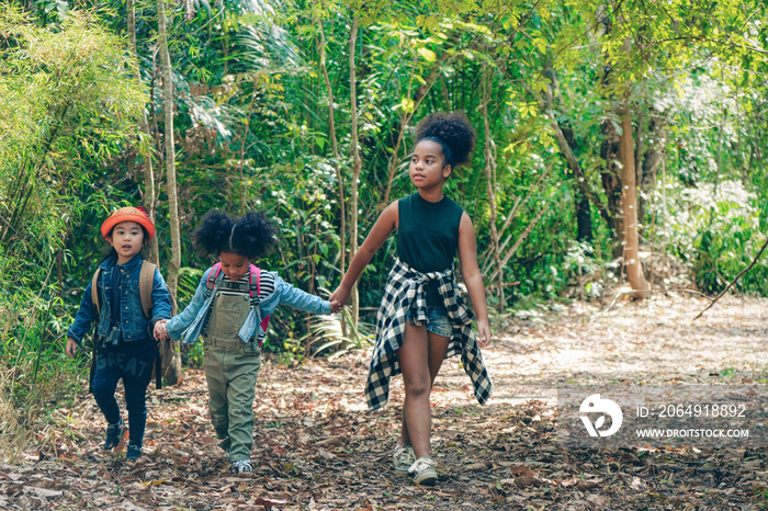 不同的非裔美国儿童在森林里一起散步，玩得很开心