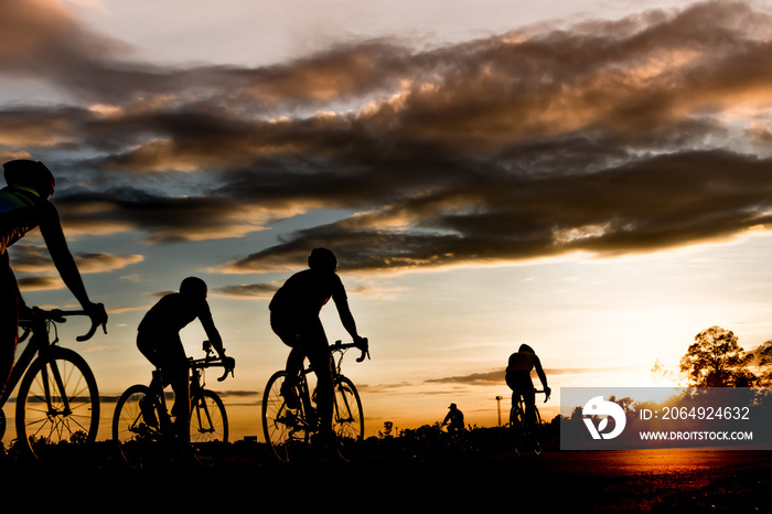 日落时分，一群男人骑着自行车，阳光照射在侧影树的背景上。