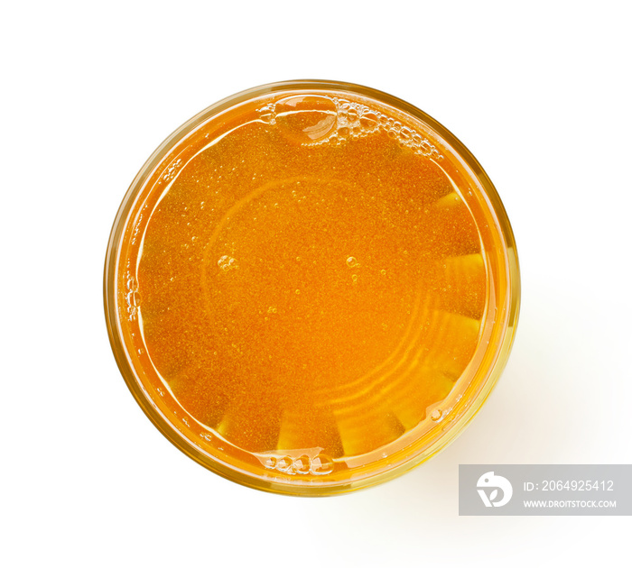 glass of fresh apple juice isolated on white, from above