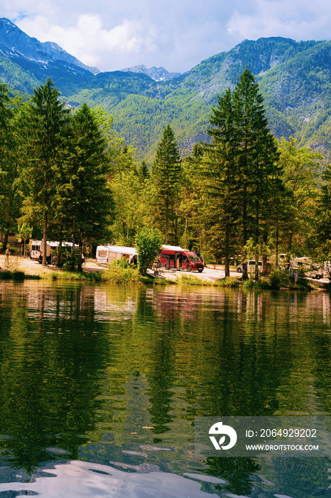 Camping of RV caravan trailers at Bohinj Lake Slovenia