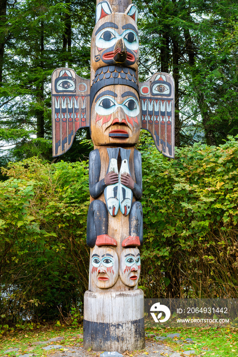 Kadjuk Bird Totem Pole at Totem Bight State Historical Park, Ketchikan, Alaska. Native American trad