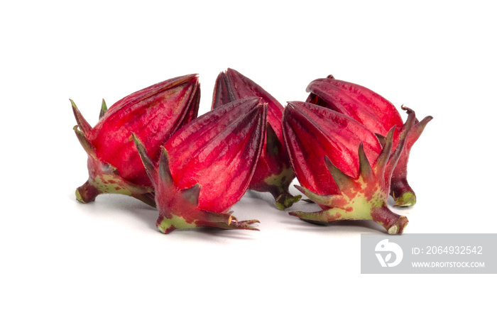 Closeup of fresh red roselle fruit on white background with clipping path.