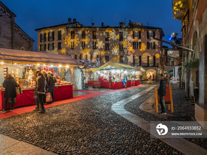 Christmas markets in the historic center of Como, Italy. Christmas lights and decorations