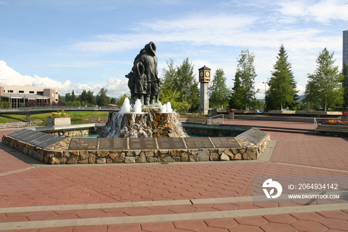 Alaska Inuit Fountain Monument in the Center of Fairbanks, Alaska, Commemorating the The Native Amer