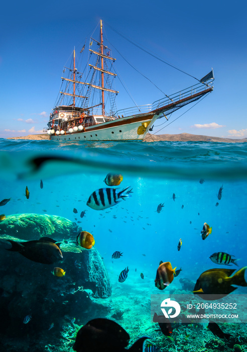 Schiff in blauen Meer mit Schwarm Fischen geteilte Ansicht über- und unterwasser Reisen