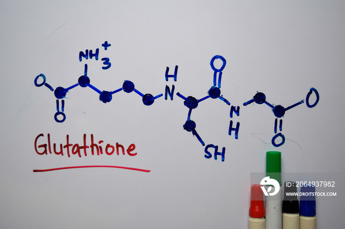 谷胱甘肽。在植物和动物中很重要。白板上写着分子。结构化学