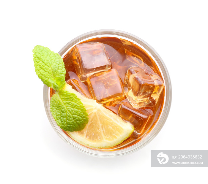 Glass of tasty cold ice tea on white background