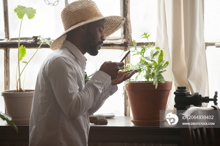 Side view of man wearing hat photographing plant with smart phone while standing against window at h