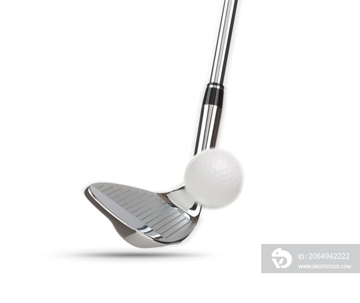 Chrome Golf Club Wedge Iron Hitting Golf Ball on White Background