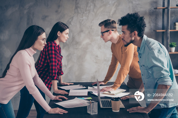 Profile side view photo of angry anger millennial wear shirt sweater pullover touch desk look misund