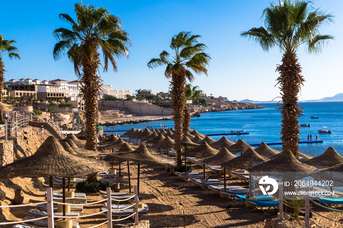 Sunset over the resort area of the Red Sea coast in Egypt. Holiday in Sharm El Sheikh