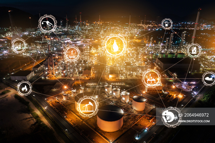 Light oil refinery at twilight with physical system icons diagram on industrial factory. Industry on