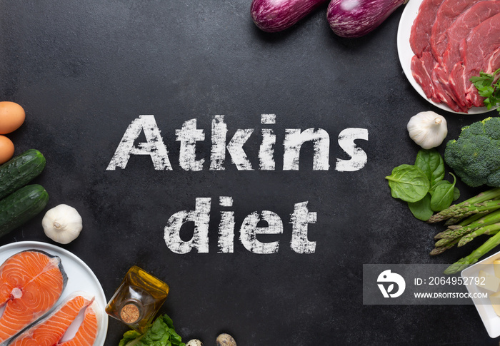 Atkins Diet food ingredients on balck chalkboard, health concept, top view with copy space. Concept 