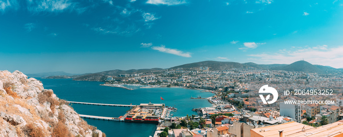 Kusadasi, Aydin, Aydın Province, Turkey. Waterfront And Kusadasi Cityscape In Sunny Summer Day. Scen