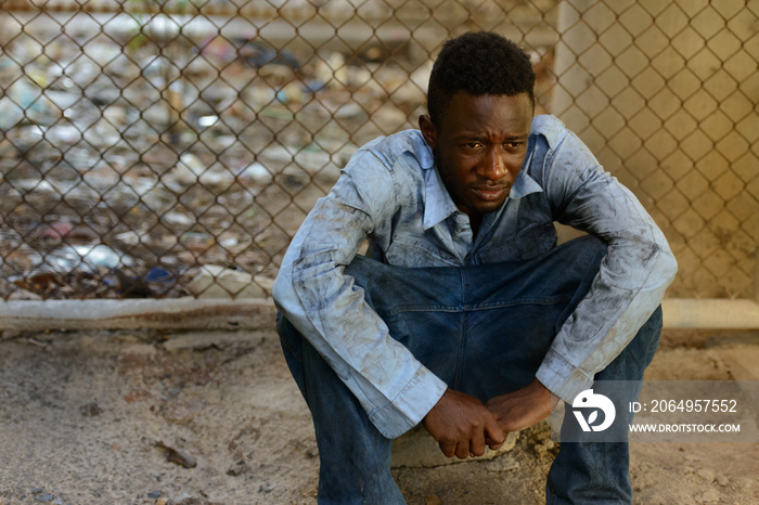 Young homeless African man sitting in the streets