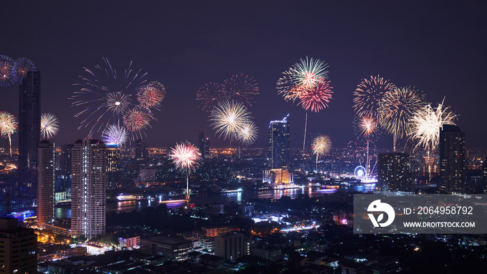 night cityscape firework along with river for festival