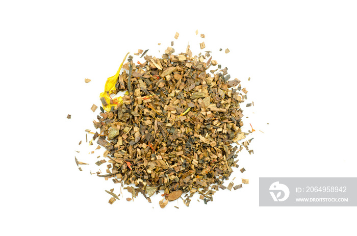 Close-up view of a stack of Honeybush tea leaves isolated on a white background