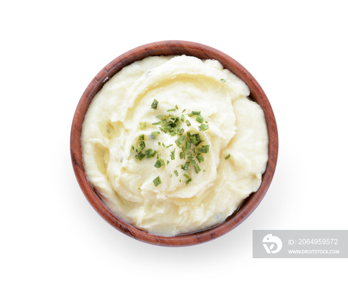 Bowl with tasty mashed potato on white background