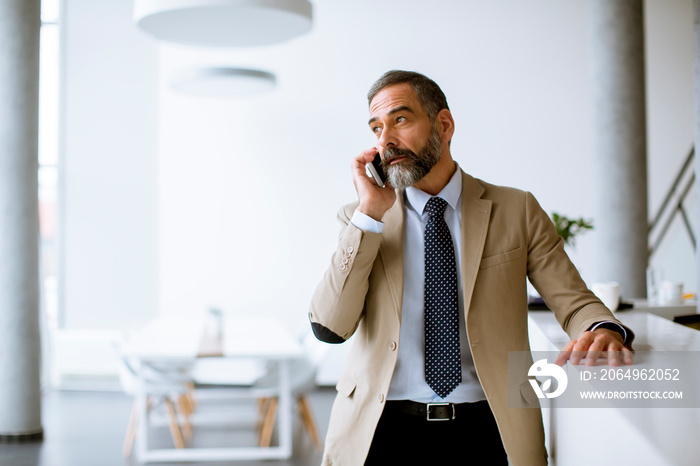 Senior businessman using mobile phone in modern office