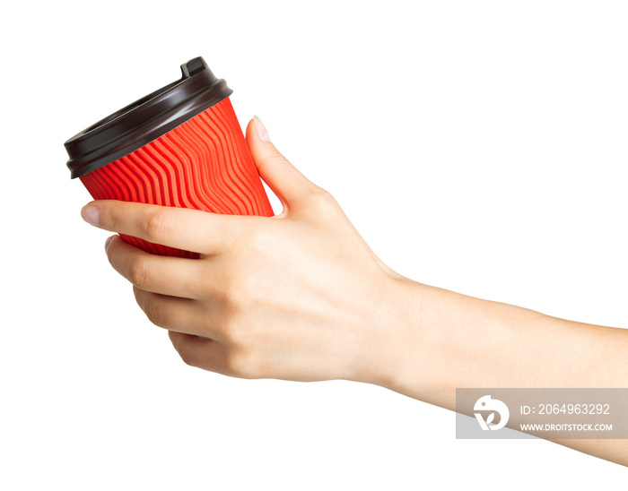 Woman hand holding coffee paper drinking cup